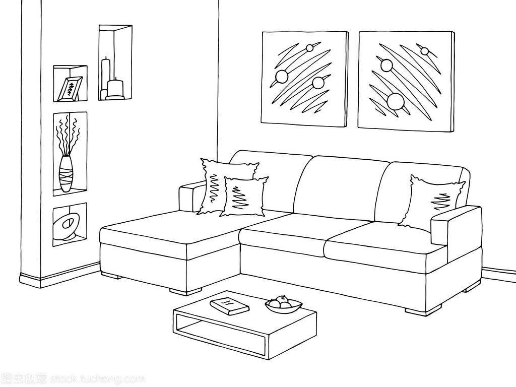 客廳圖 黑白色沙發(fā)與家用電器的素描插畫矢量藝術